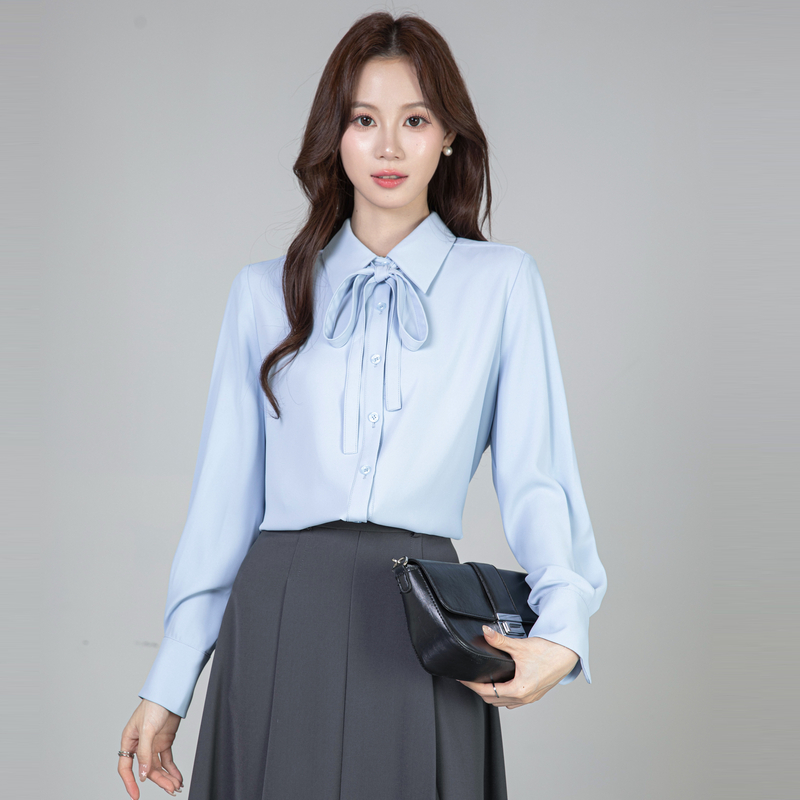 MY13691# 蓝色面试长袖衬衫职场穿百搭蝴蝶结衬衣职业正装通勤上衣女裝貨源服裝批發