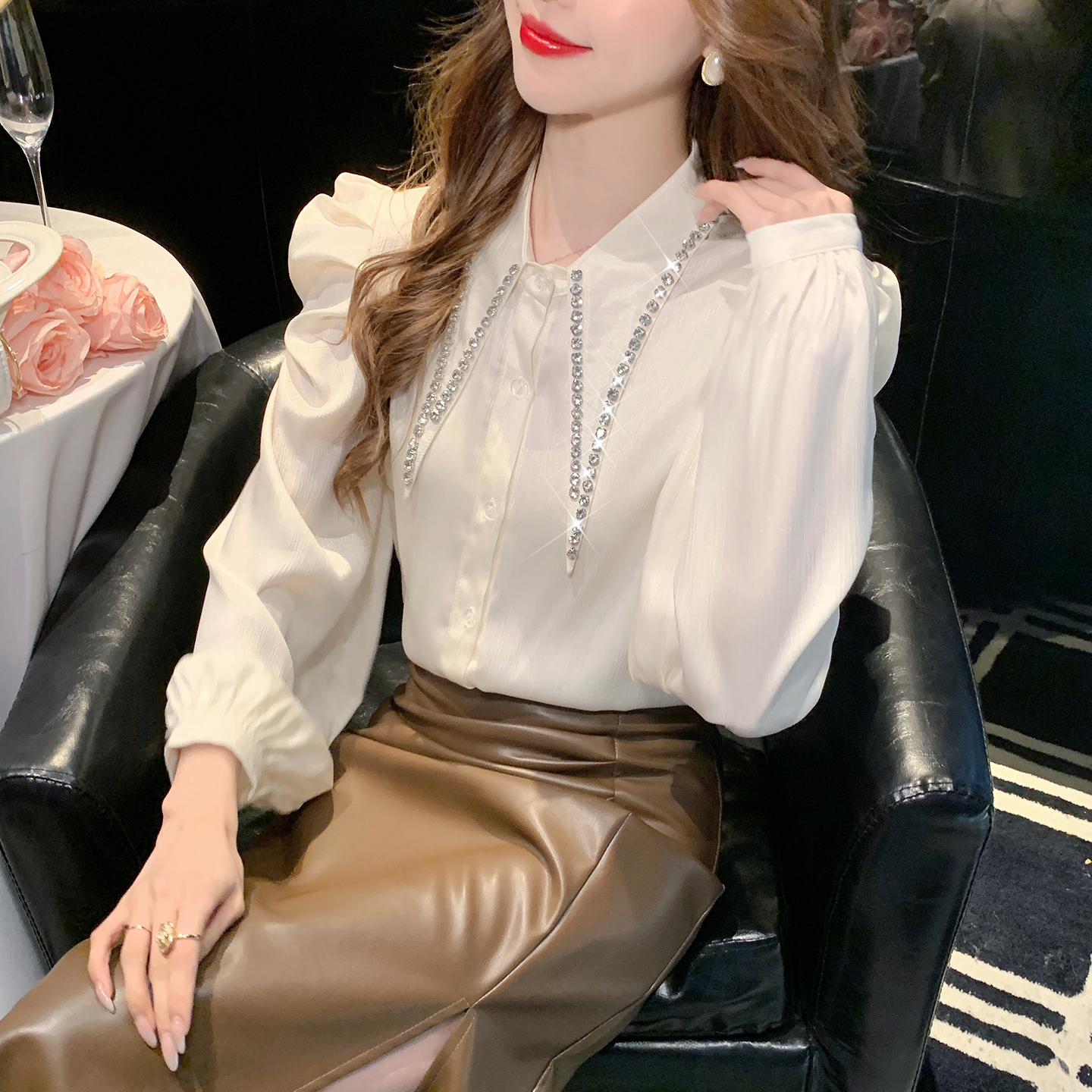 MY17526# 新款重工钉珠镶钻衬衫设计感小众法式气质长袖衬衣女女裝貨源...