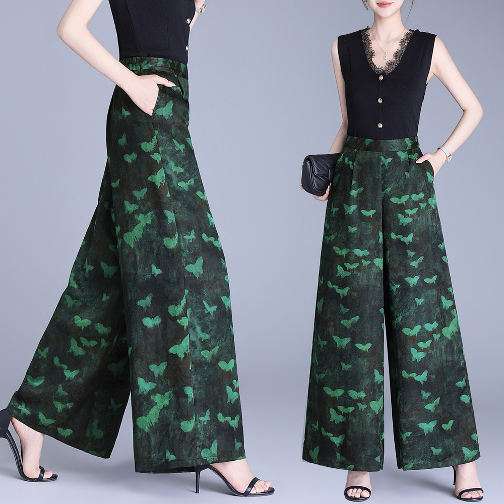 RY1344# 实拍大码宽松阔腿裤春夏妈妈装印花真丝阔腿裤