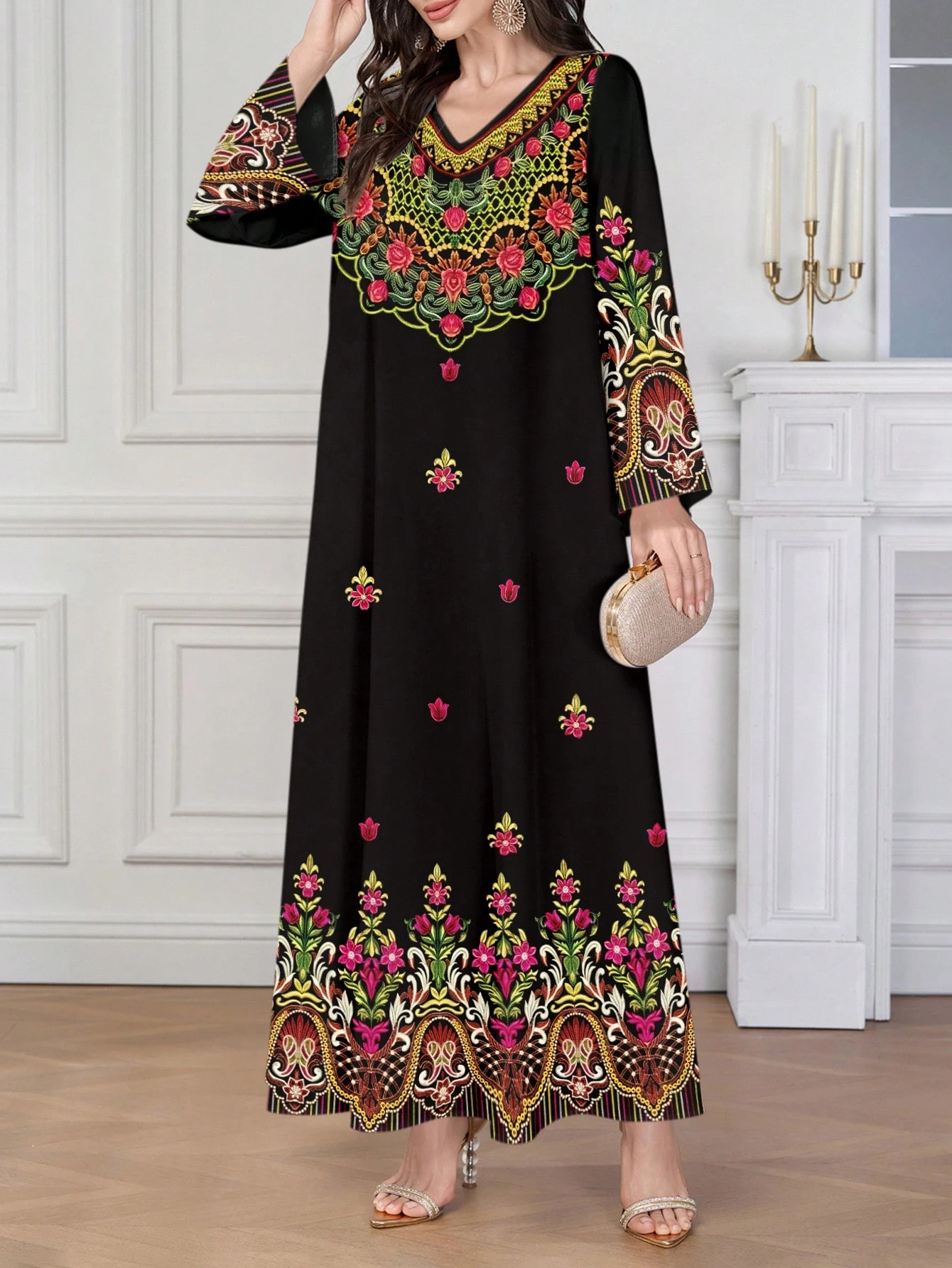 MY16878# 女士复古风格复古印花v领长袖优雅长裙，中东阿拉伯风格长裙女裝貨源服裝批發