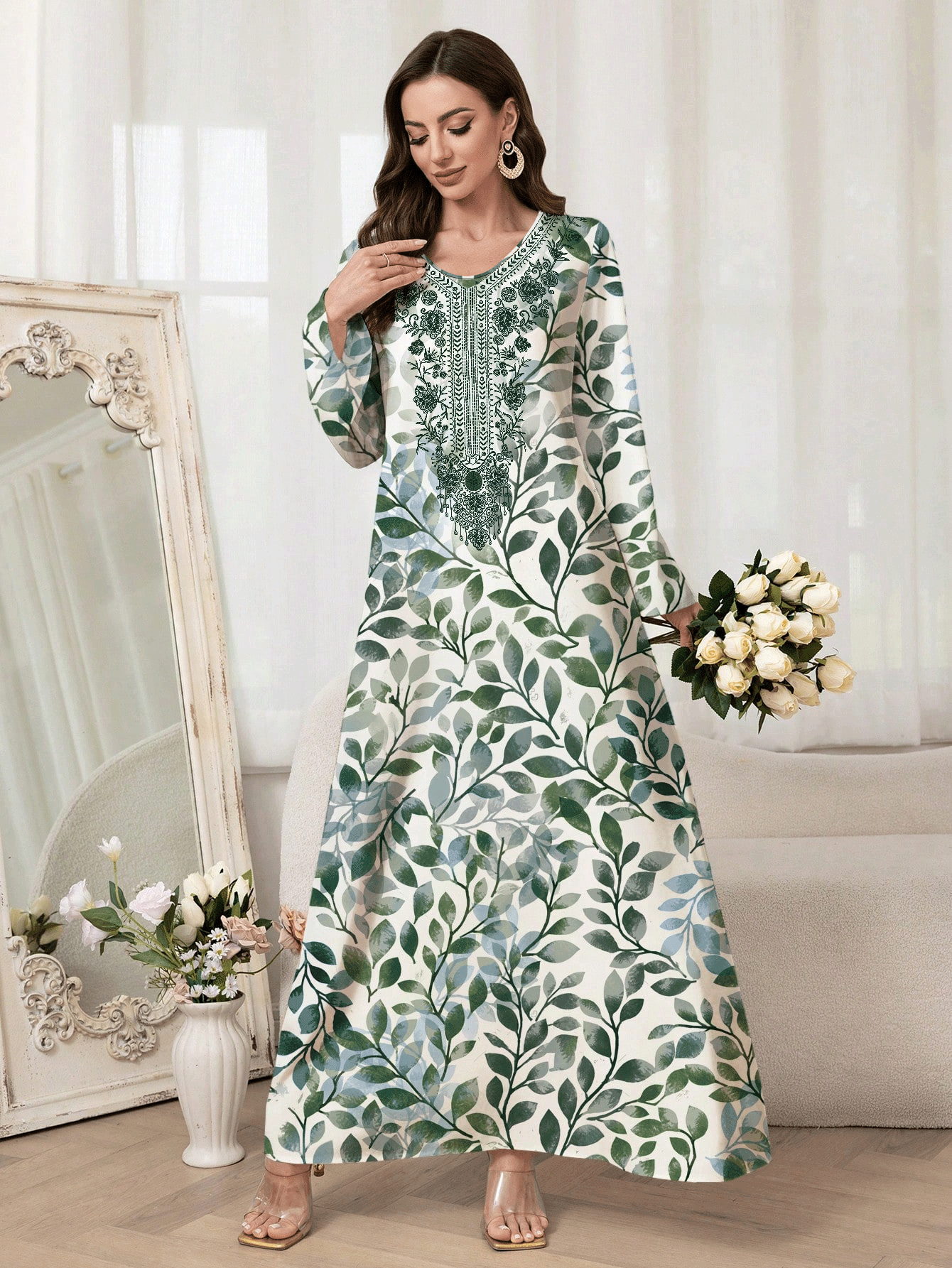 MY16879# 女士优雅印花长袖中东阿拉伯风格连衣裙时尚印花，休闲春夏女装女裝貨源服裝批發