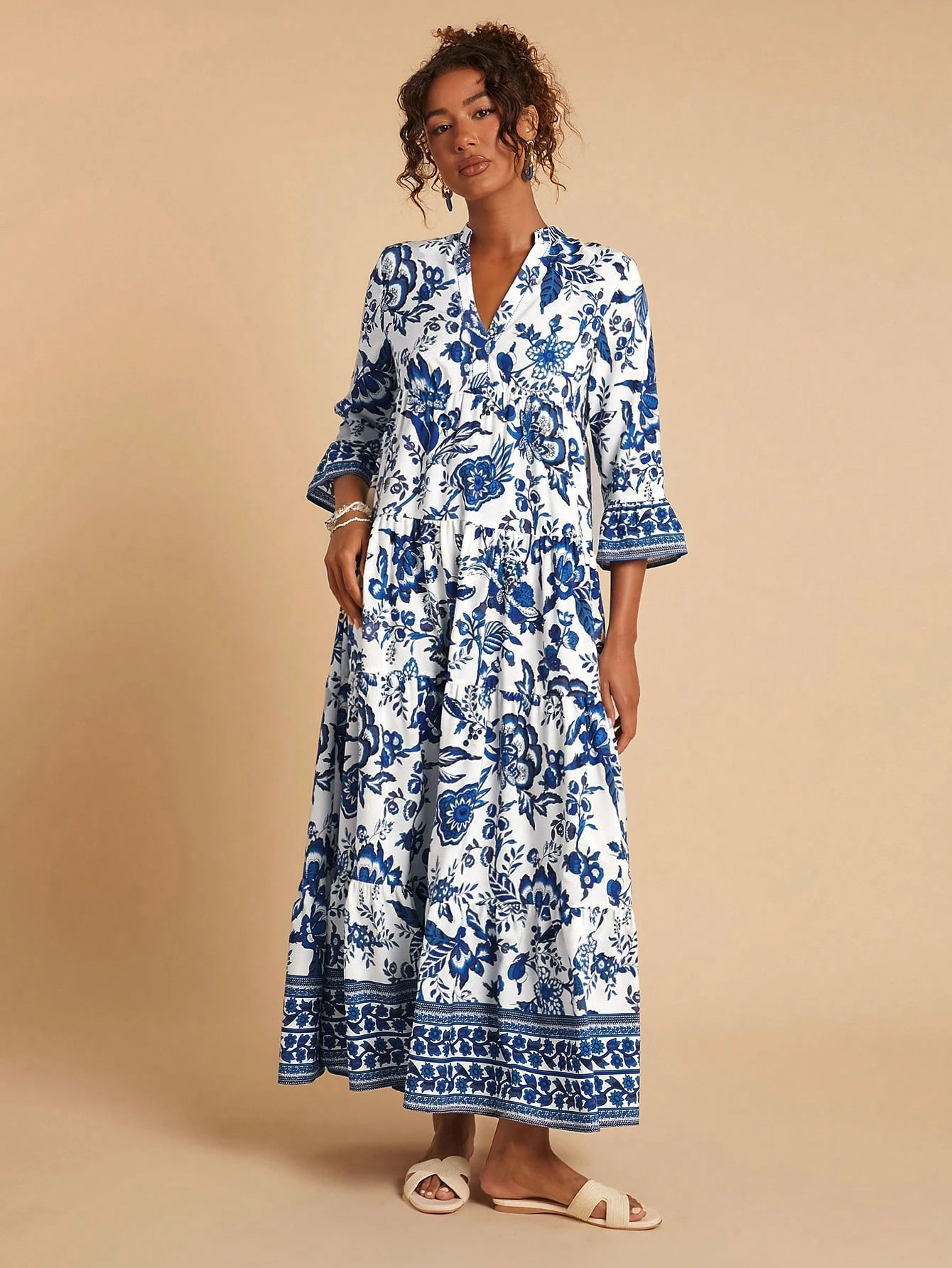 MY16876# 时尚优雅波西米亚热带印花长裙A摆，宽松舒适时尚女装，户外...