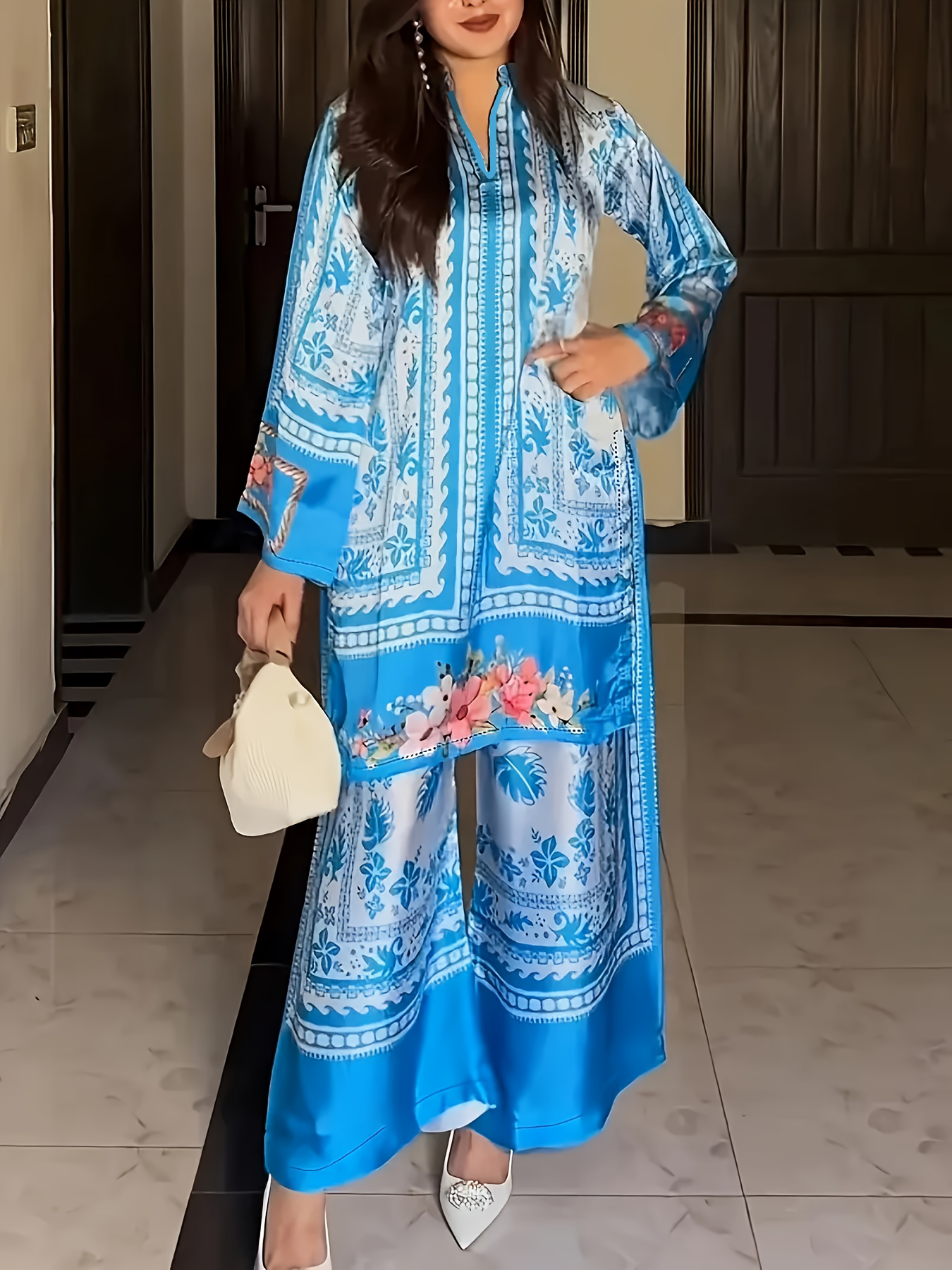 MY16874# 女士宽松2件套V领舒适休闲印花长款上衣与裤子套装传统民族...