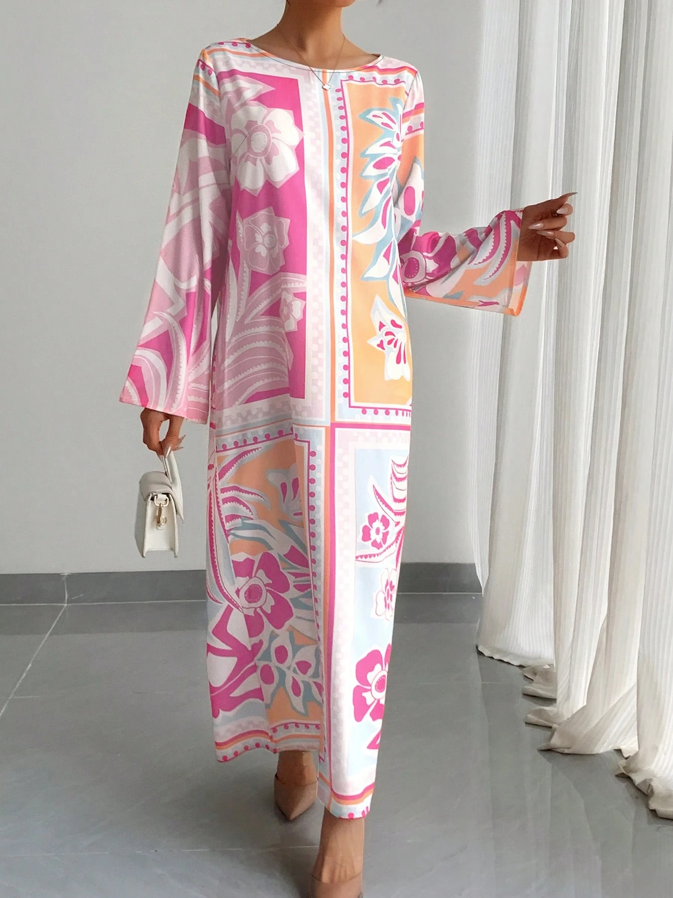 MY16873# 休闲日常通勤圆领长袖优雅印花长裙，圆领长袖中东阿拉伯风格...