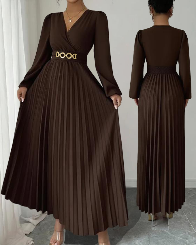 MY16872# 大码女装连衣裙优雅压褶下摆，金属配饰，侧边拉链后背打揽设...