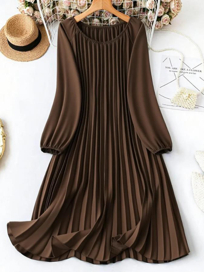 MY16871# 大码宽松圆领纯色长袖连衣裙，压褶日常简约通勤休闲优雅女装...