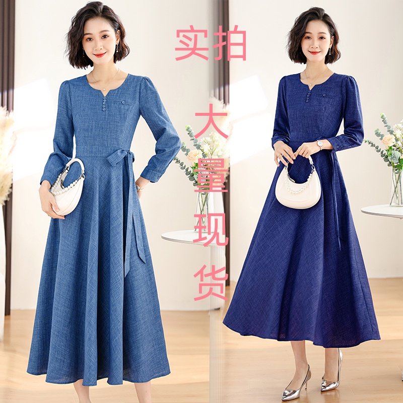 MY13340# 长袖时尚棉麻连衣裙新款韩版修身中长裙女女裝貨源服裝批發