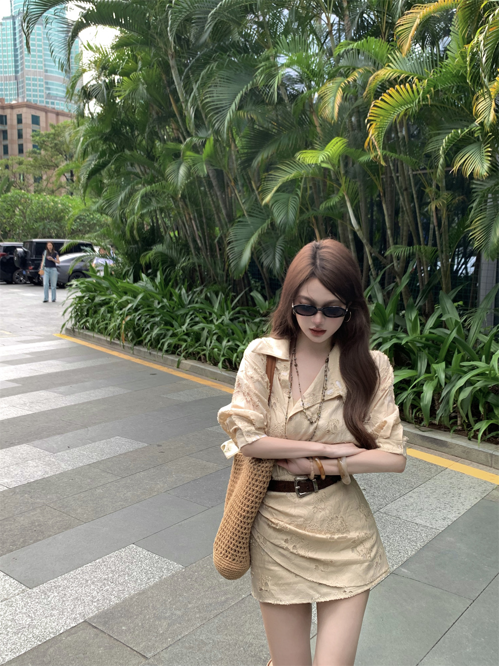 MY11251# 千金感杏色浮雕浪花衬衫连衣裙夏短裙女裝貨源服裝批發
