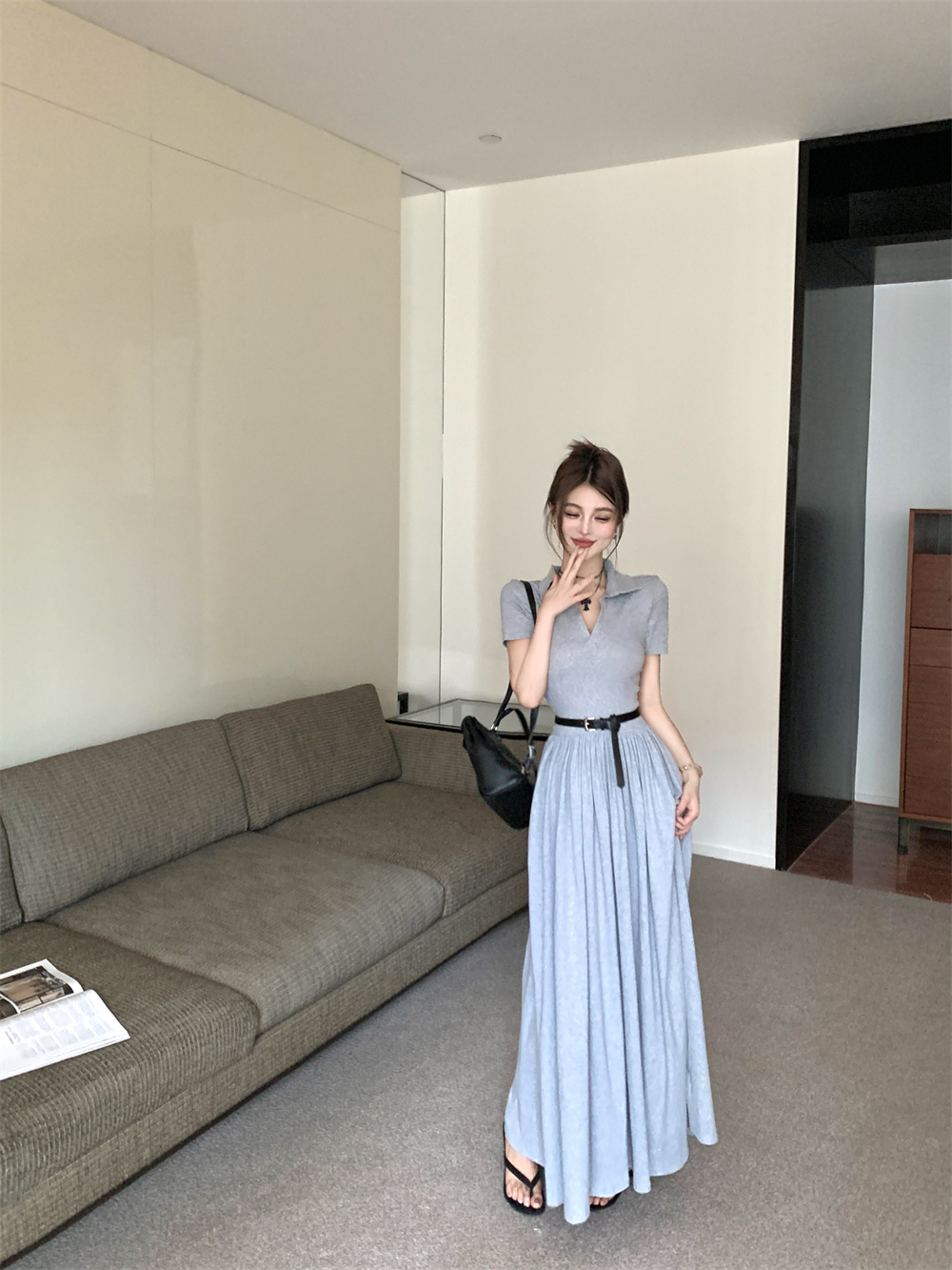 MY11249# 纯色翻领深V压褶配皮带短袖连衣裙夏季新款气质休闲长裙女裝貨源服裝批發