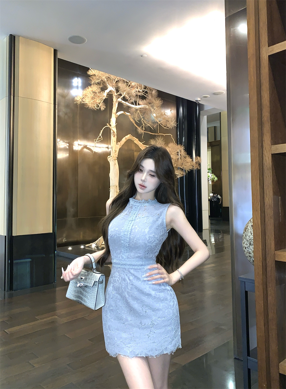 MY11242# 性感纯欲收腰无袖连衣裙女夏镂空蕾丝短裙女裝貨源服裝批發