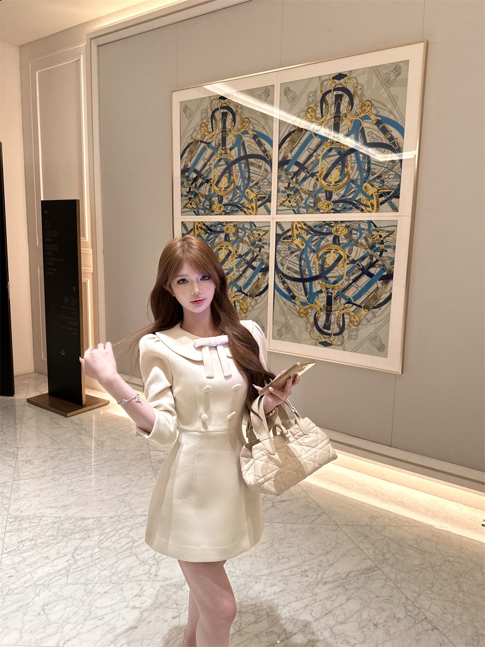 奶油彼得潘翻领蝴蝶结双排扣收腰连衣裙女女裝貨源服裝批發