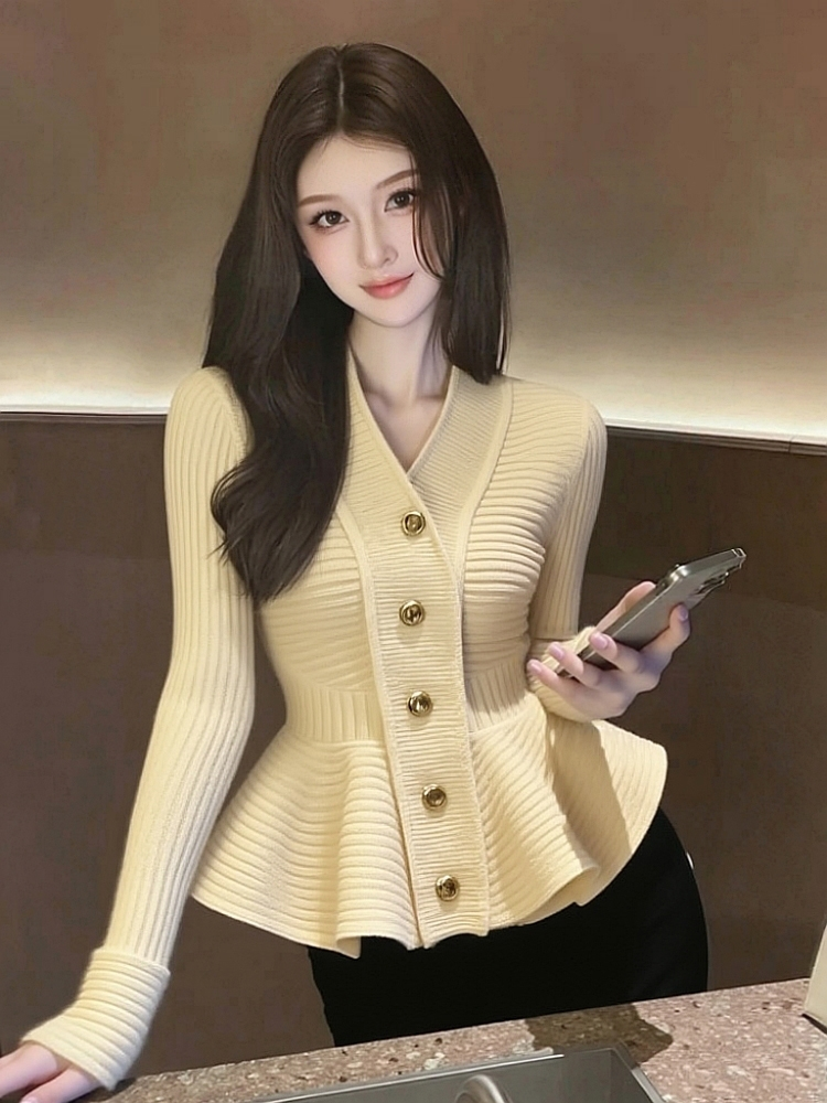 MY15727# 气质名媛巨好看时髦洋气收腰上衣高级感杏色荷叶边针织毛衣女...