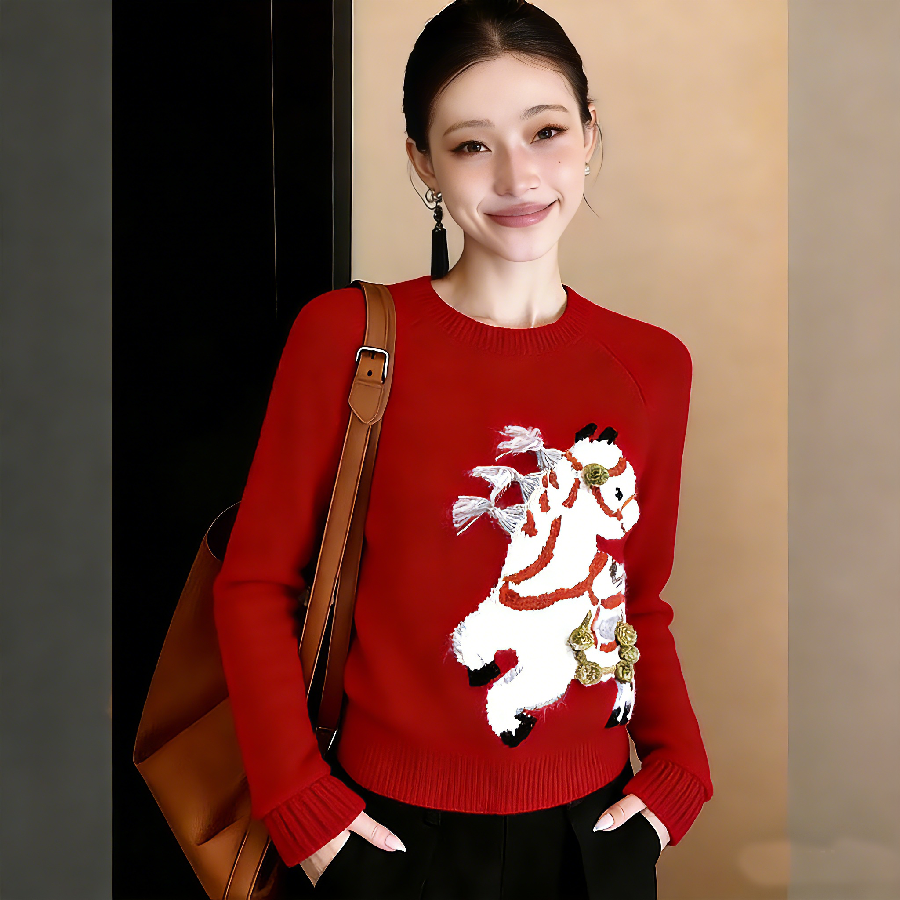 MY16612# 高圆圆同款新款马年限定五花马毛衣新年红毛针织衫女裝貨源服裝批發