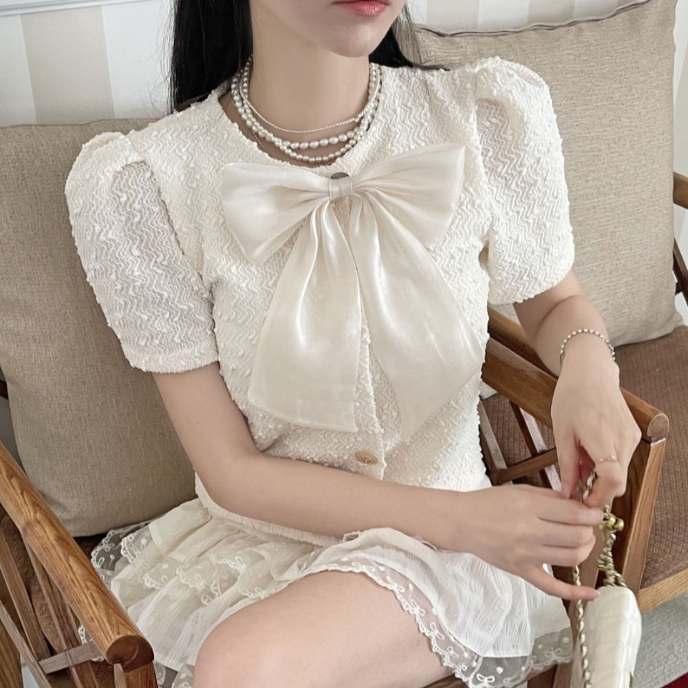 FA36581# 夏新款小衫小众蝴蝶结设计感泡泡袖短袖艺术气息小香风短外套 服裝批發女裝批發服飾貨源