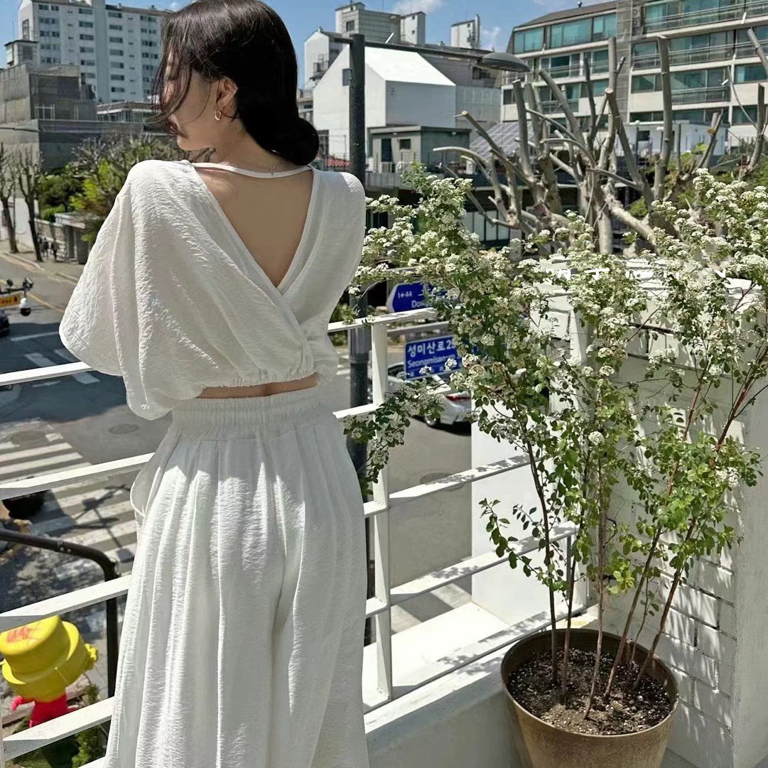 FA36575# 韩国东大门女装25夏季新纯色短袖衬衫+休闲裤套装两件套 服裝批發女裝批發服飾貨源