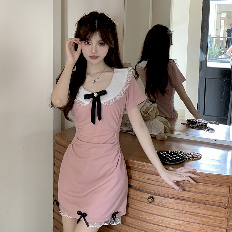 MY10994# 大码田园风可爱少女娃娃领碎花连衣裙女夏季收腰小个子公主蓬...