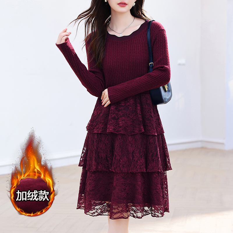 MY16291#大码连衣裙新款针织羊毛拼接蕾丝遮肚显瘦胖妈妈蛋糕裙女裝貨源...