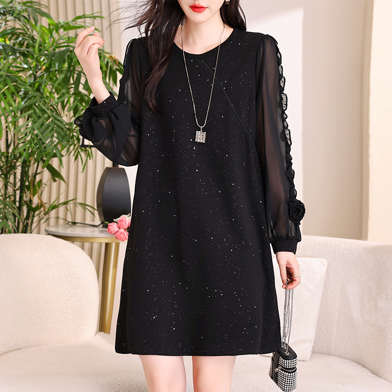 MY16288# 大码连衣裙新款宽松显瘦胖mm花朵袖亮闪闪中长裙女裝貨源服...