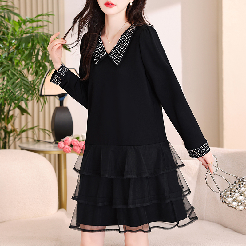 MY16287# 加肥加大亮钻翻领连衣裙新款网纱拼接胖mm小黑裙女裝貨源服...