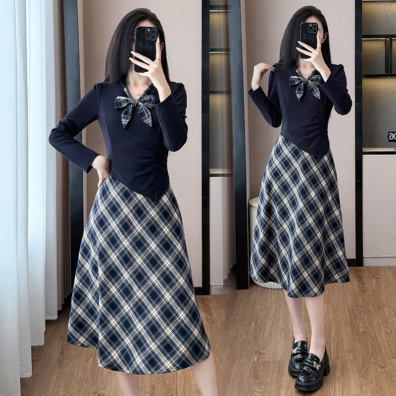 RY1161#大码法式拼接减龄格纹拼接显瘦假两件连衣裙