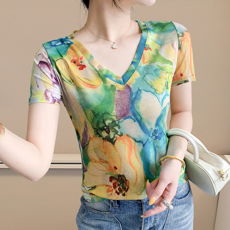 MY7922# 夏季时尚纱网印花定位花短袖V领修身显瘦洋气上衣潮女裝貨源服裝批發