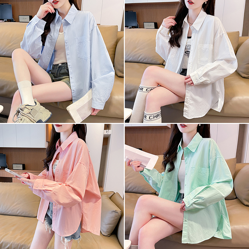MY11506# 薄荷绿简约韩版翻领衬衫女气质开叉设计感小众宽松长袖衬衣潮...