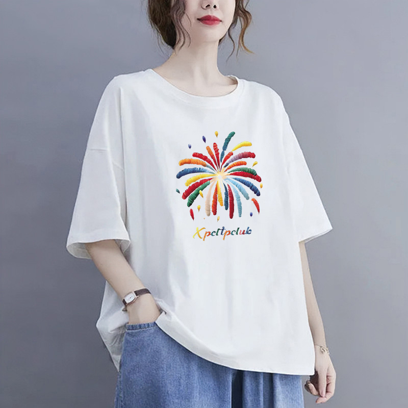MY9589# 200斤大码女士圆领百搭纯棉T恤女新款宽松夏季印花短袖显瘦上衣女女裝貨源服裝批發
