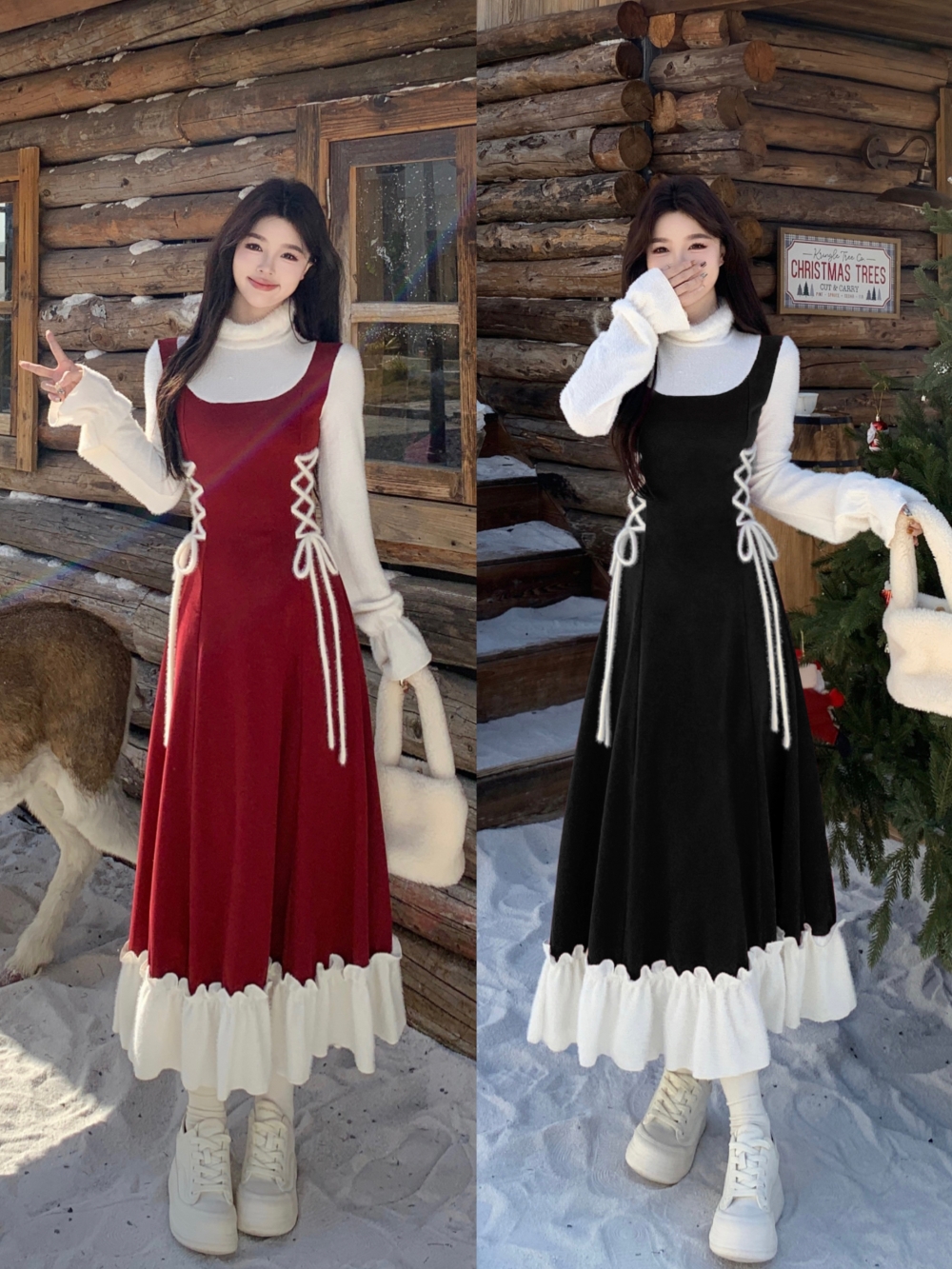 MY16030# 学院风红白撞色新款长袖连衣裙磨毛针织弹力收腰显瘦裙子女裝...