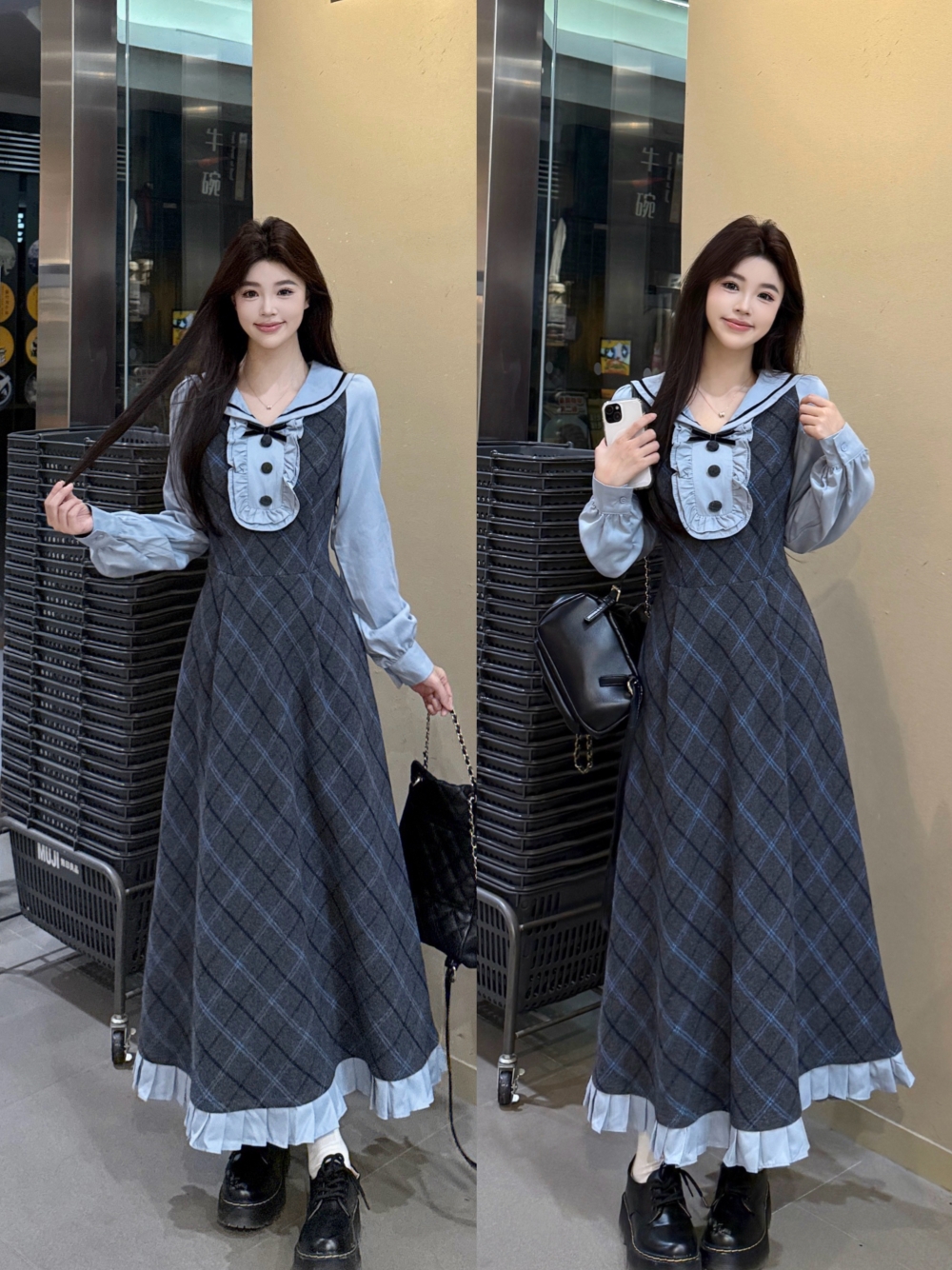 MY16029# 法式设计感假两件撞色连衣裙新款学院风减龄长款裙子女裝貨源...