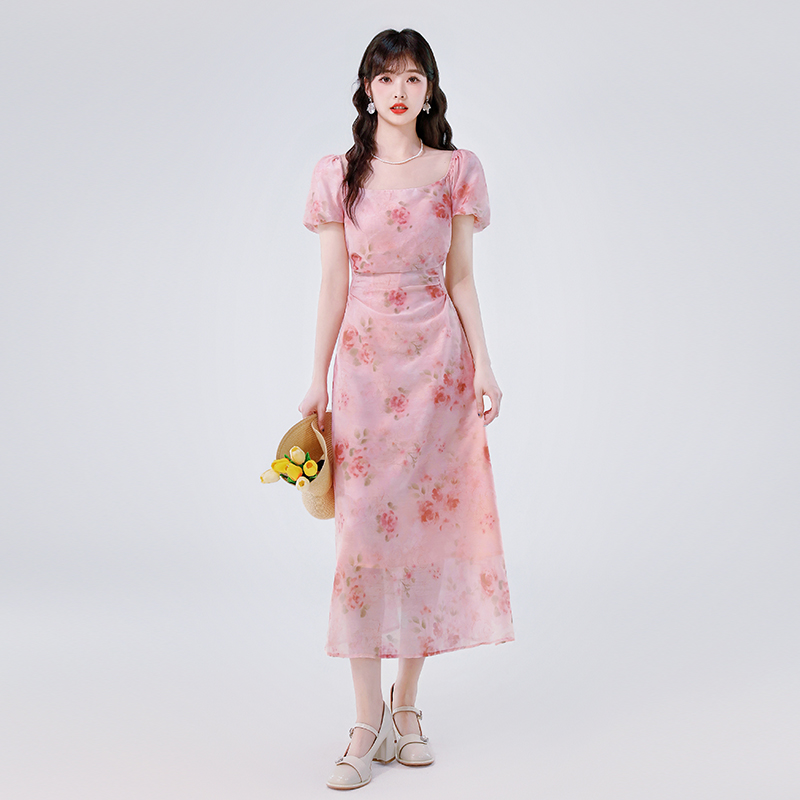 MY7834# 夏季新款法式浪漫方领碎花修身连衣裙女裝貨源服裝批發