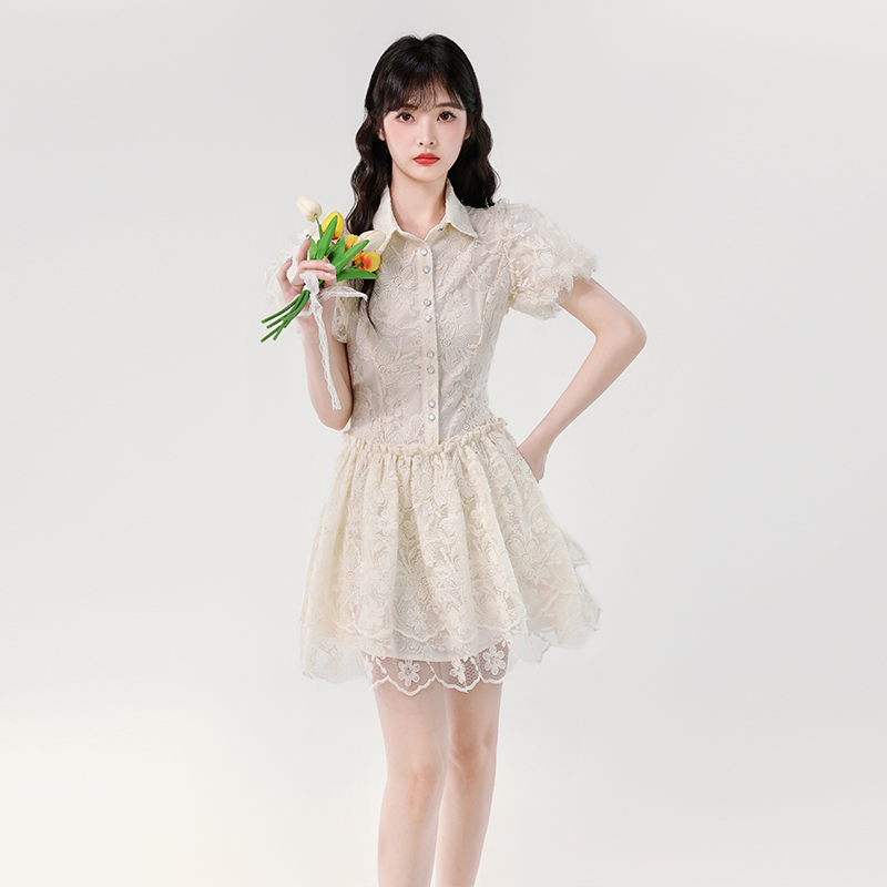 MY7832# 法式设计感蕾丝连衣裙女高级小众泡泡袖公主裙女裝貨源服裝批發