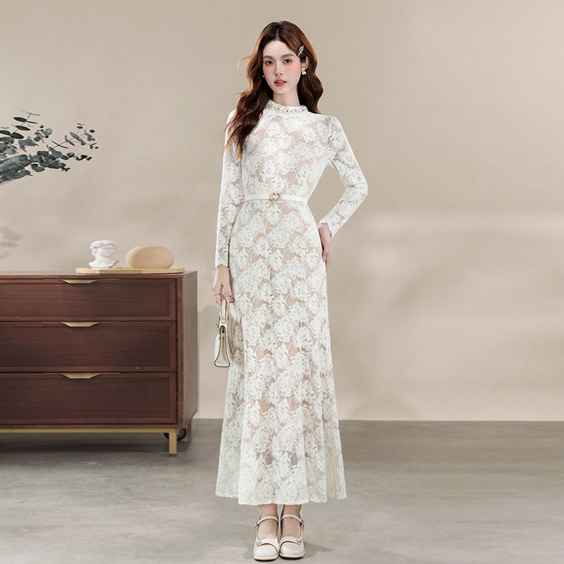 RY1268# 高级感时尚小立领钉珠收腰显瘦长袖蕾丝连衣裙7271