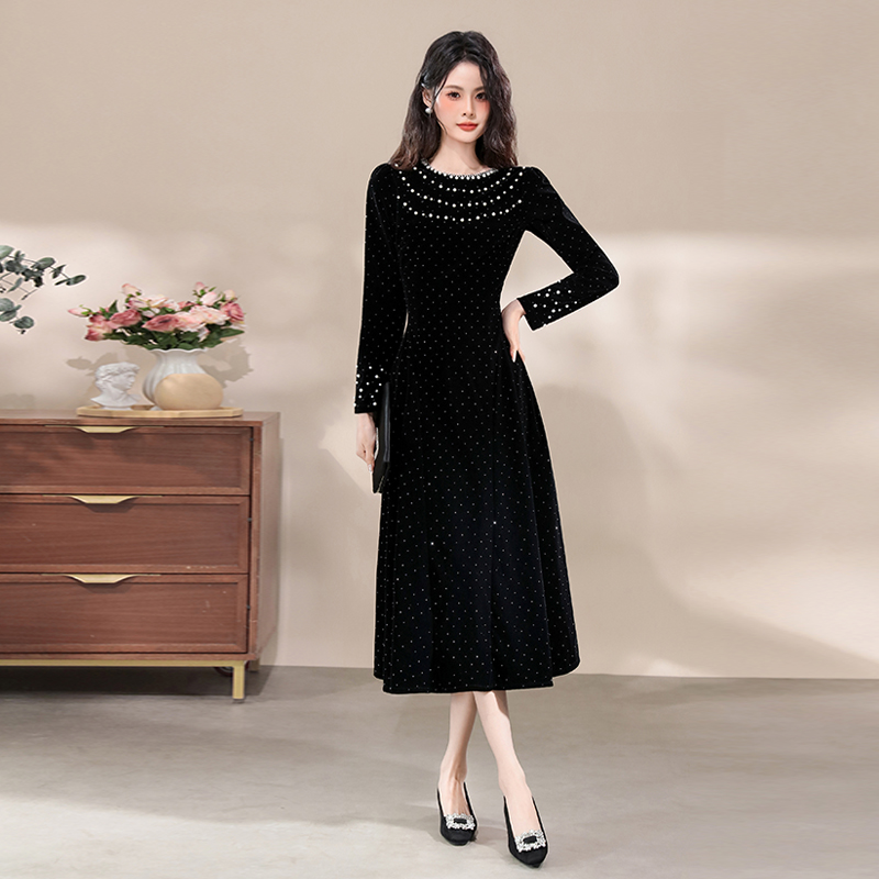 MY14271# 富家千金连衣裙烫钻赫本风小黑裙显瘦名媛礼服裙女裝貨源服裝批發