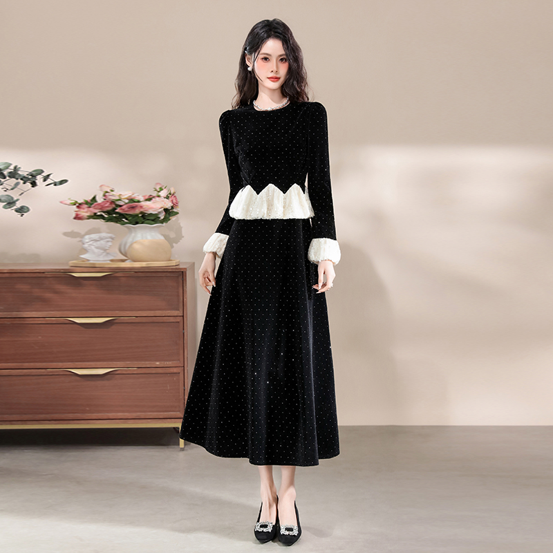 MY14273# 小香风连衣裙气质名媛烫钻荷叶边收腰蓬蓬长裙女裝貨源服裝批發