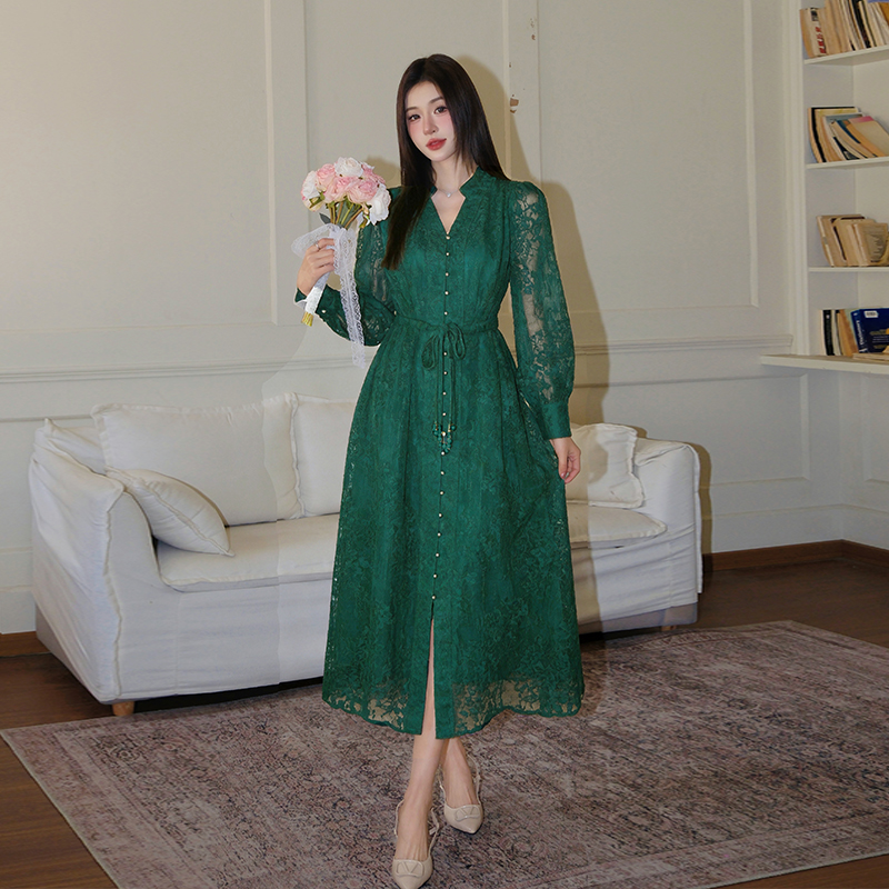 RY1273# 十三行品质 重工刺绣V领灯笼袖连衣裙收腰显瘦大摆长裙子72...