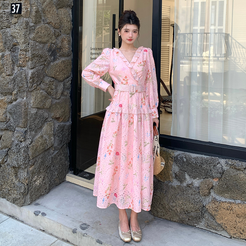 RY1272# 十三行品质 新款法式茶歇V 领碎花连衣裙  配腰带8821...