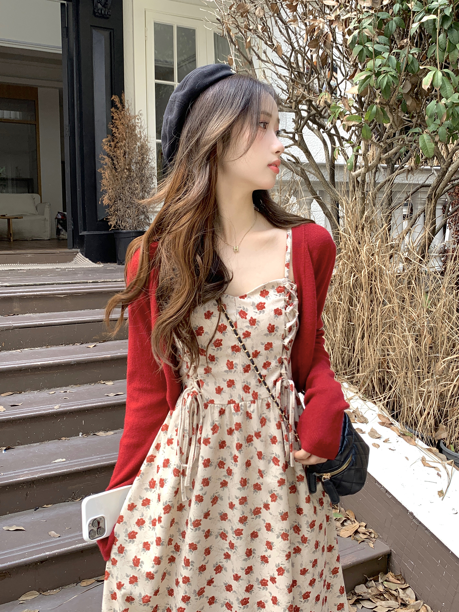 MY15892# 韩版秋冬新款连衣裙温柔风别致灯芯绒碎花吊带裙针织开衫女裝...