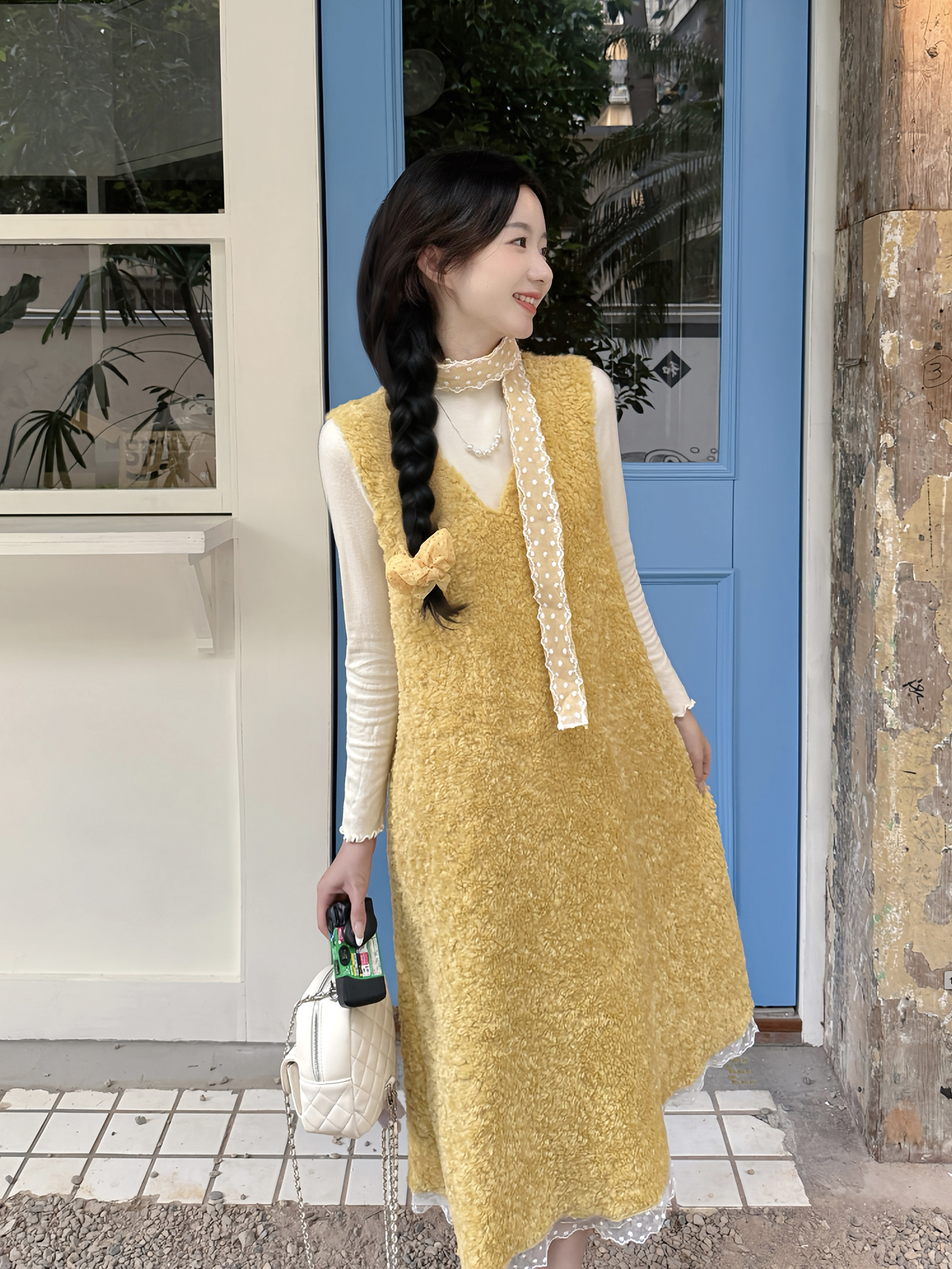 MY15894# 新款温柔风连衣裙别致蕾丝拼接羊羔毛呢背心裙木耳边打底女裝...