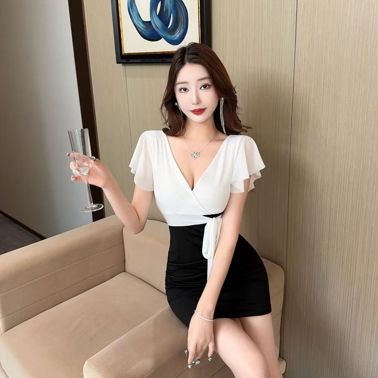 MY13078# 性感网纱拼接撞色包臀短款打底连衣裙女裝貨源服裝批發