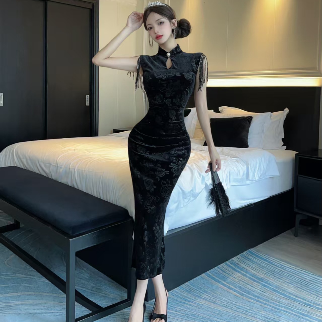 MY13077# 御姐风新中式金丝绒改良旗袍提花露肩挂脖连衣裙国风裙女裝貨...