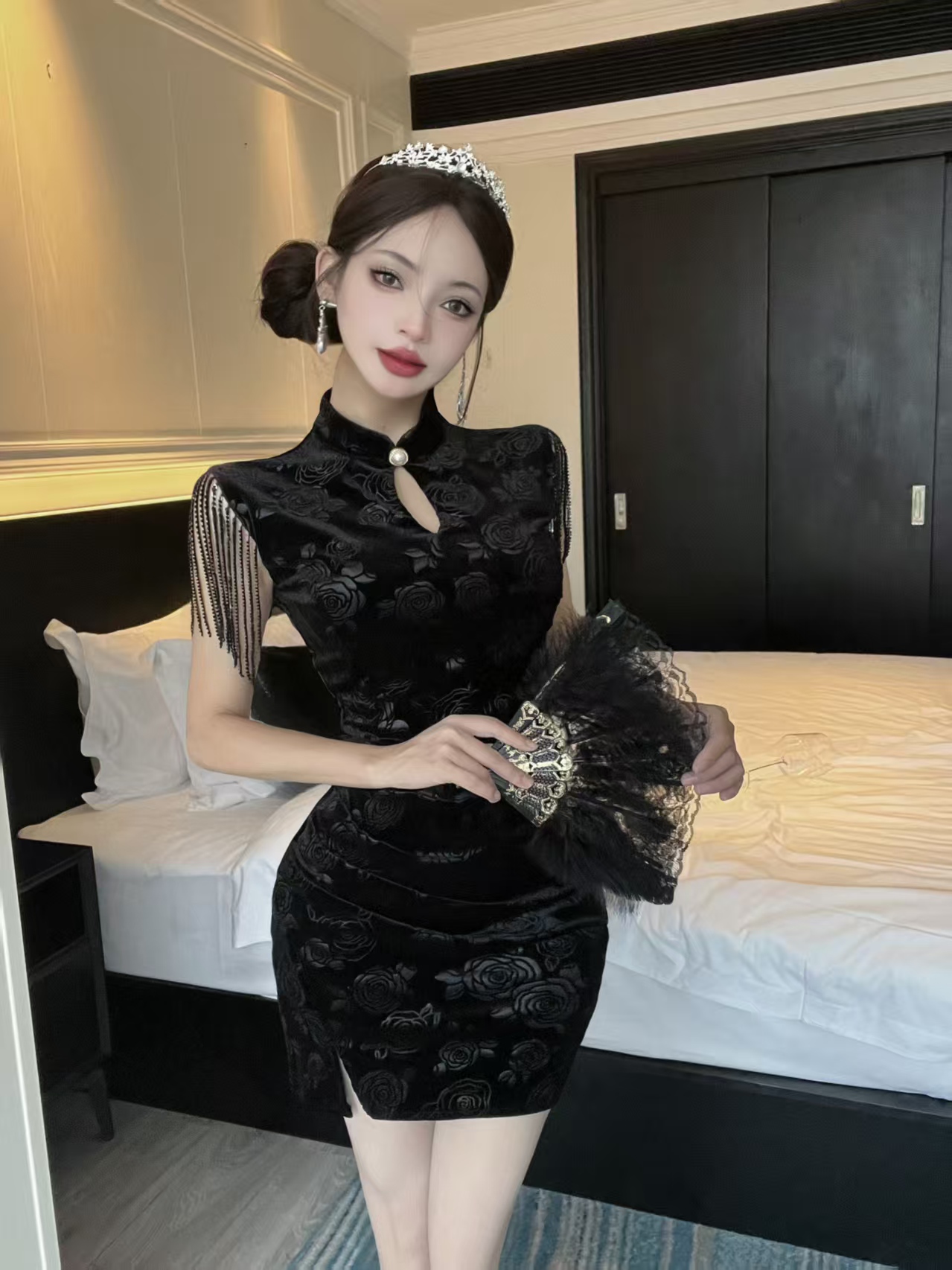 MY13076# 性感短款金丝绒旗袍包臀打底连衣裙女裝貨源服裝批發