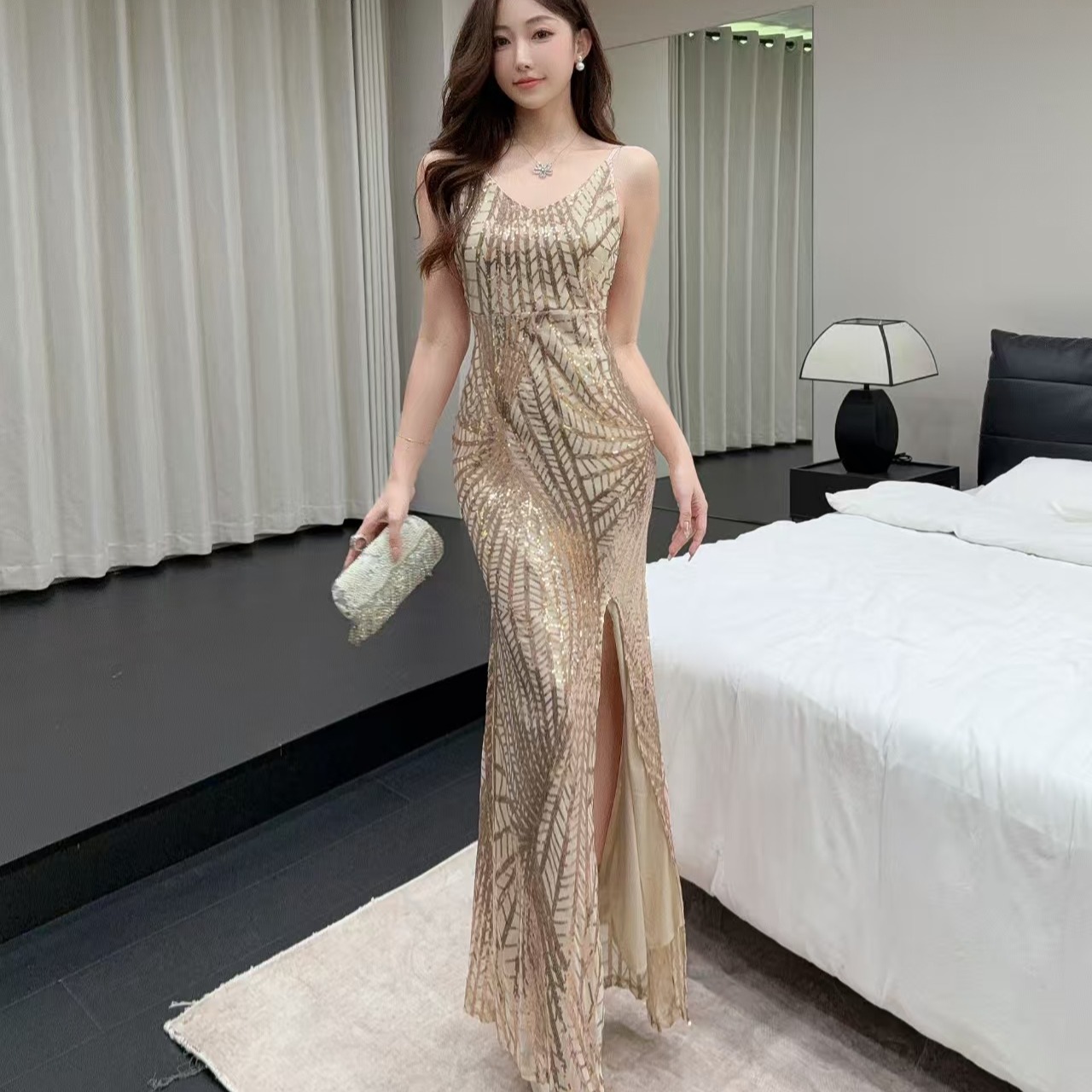 MY13073# 晚礼服女轻奢小众高端简约气质新款性感吊带感鱼尾长裙女裝貨...