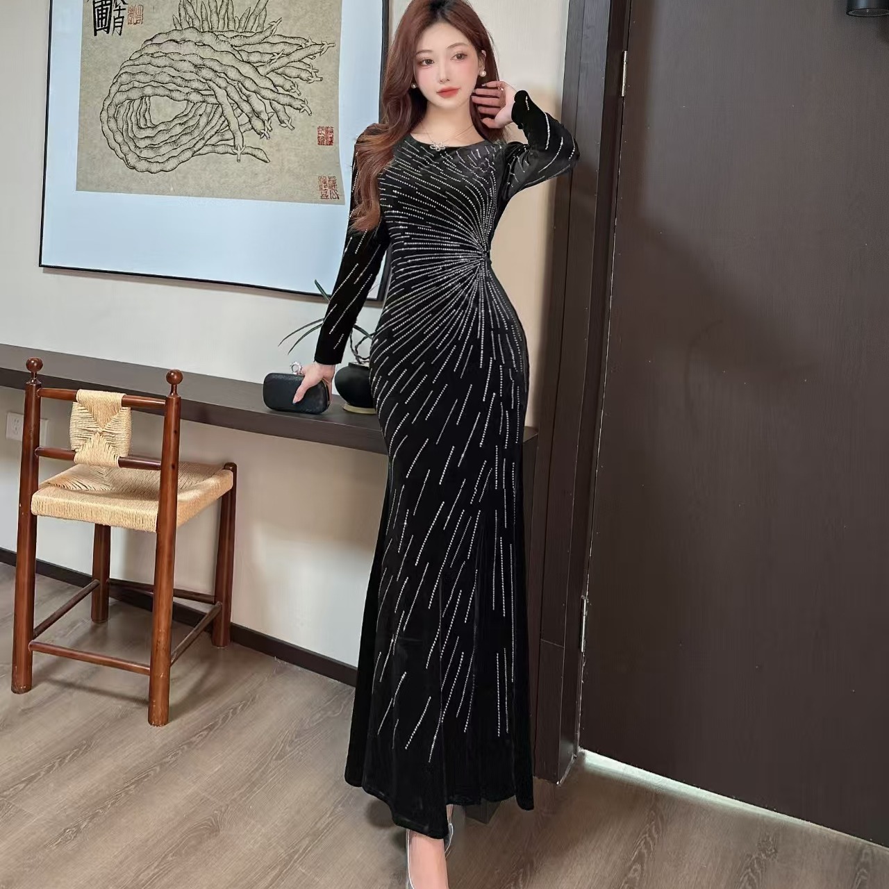 MY13071# 时尚气质亮闪闪显瘦包臀连衣裙性感时尚高级女神范修身礼服长...