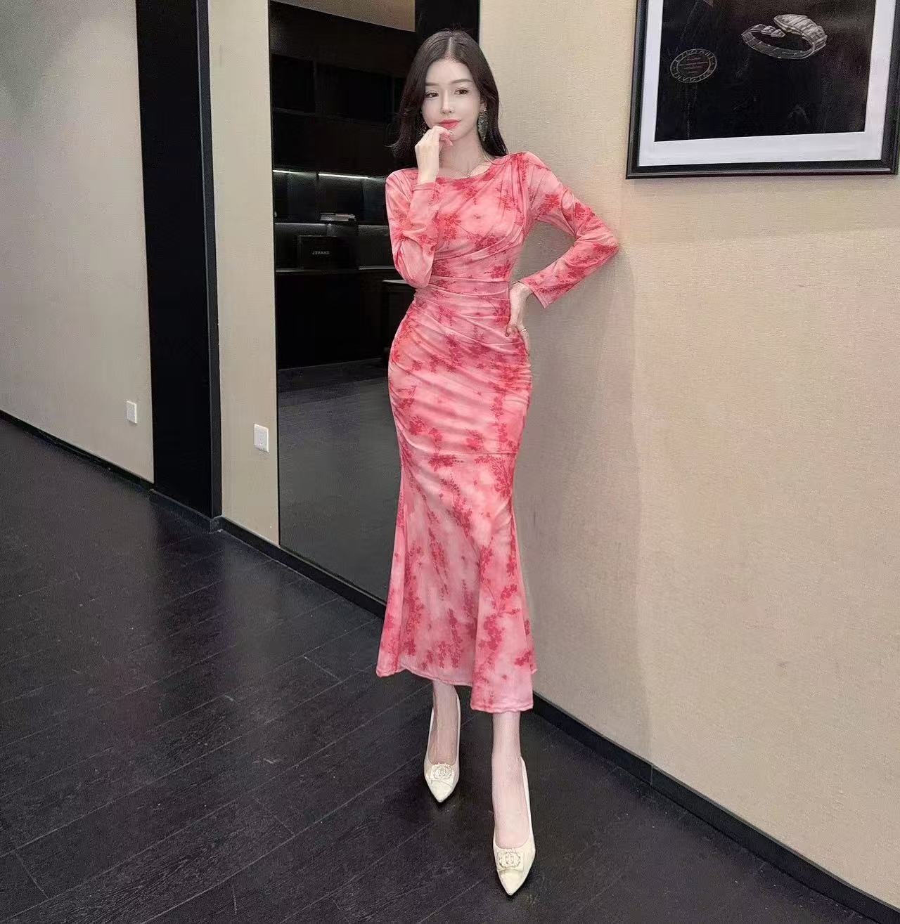 MY15363# 气质性感长款网纱包臀印花打底长袖连衣裙女裝貨源服裝批發