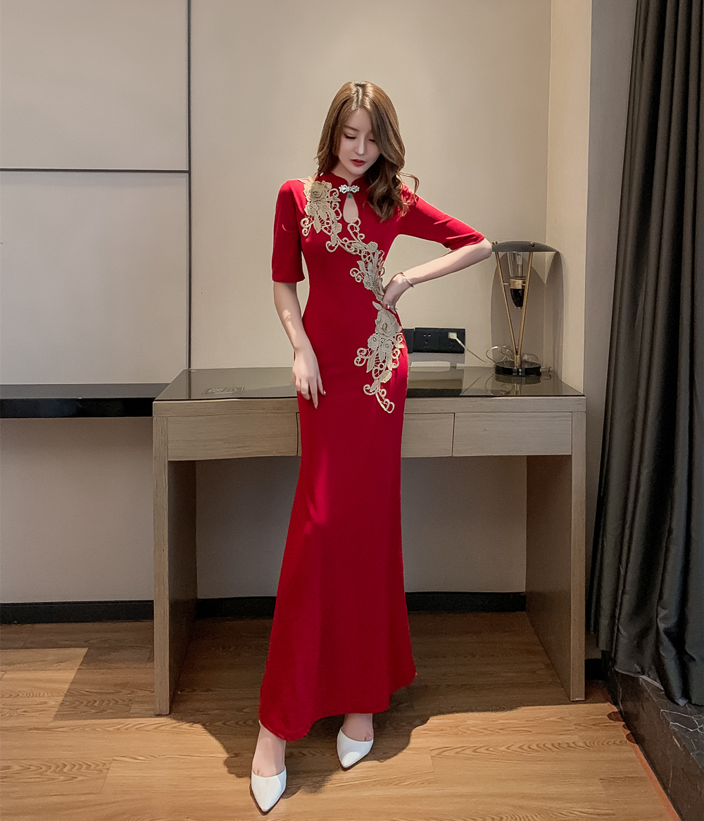 MY15361# 精致敬酒礼服改良旗袍秋新款立领五分袖收腰包臀连衣裙女裝貨...