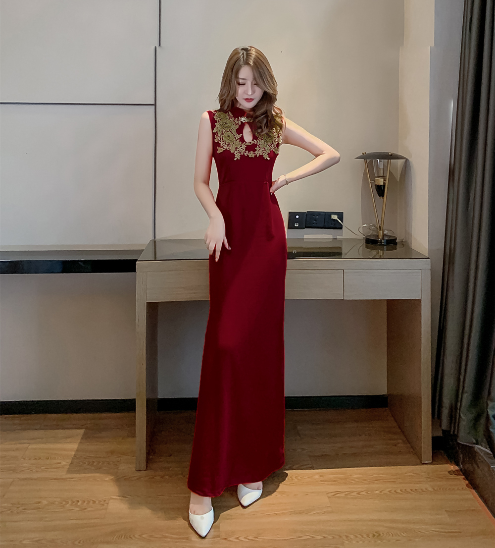 MY15362# 气质名媛刺绣复古改良旗袍晚礼服修身显瘦包臀开叉鱼尾裙女裝...