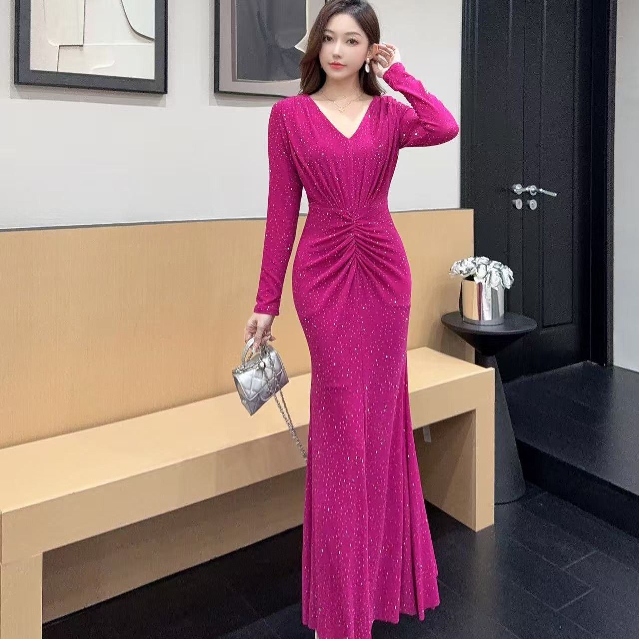 MY15360# 时尚长袖修身长裙收腰包臀连衣裙女裝貨源服裝批發