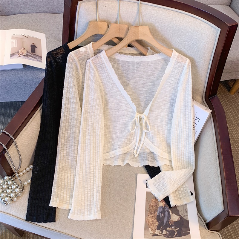 RY2106# 实拍大码女装夏季新款百搭短款系带薄款防晒外搭针织开衫空调服