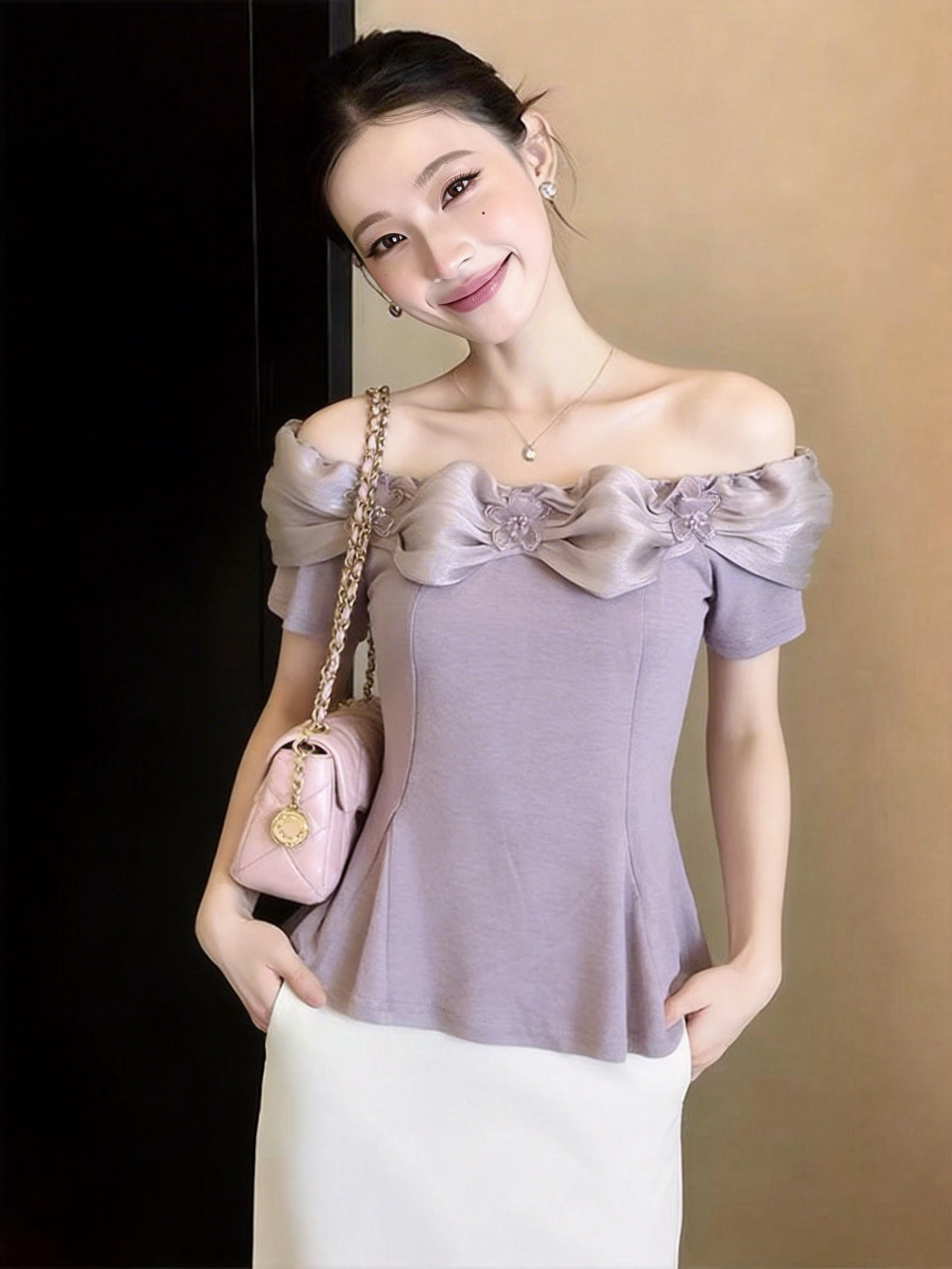 RY2460# 实拍大码女装夏新款名媛风时尚一字肩琉璃珠光纱重工珠花高端上衣