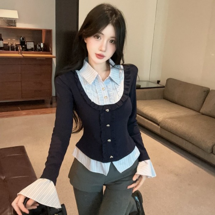 MY16039# 法式假两件女秋冬巨好看的娃娃领上衣打底衫内搭条纹衬衫女裝...